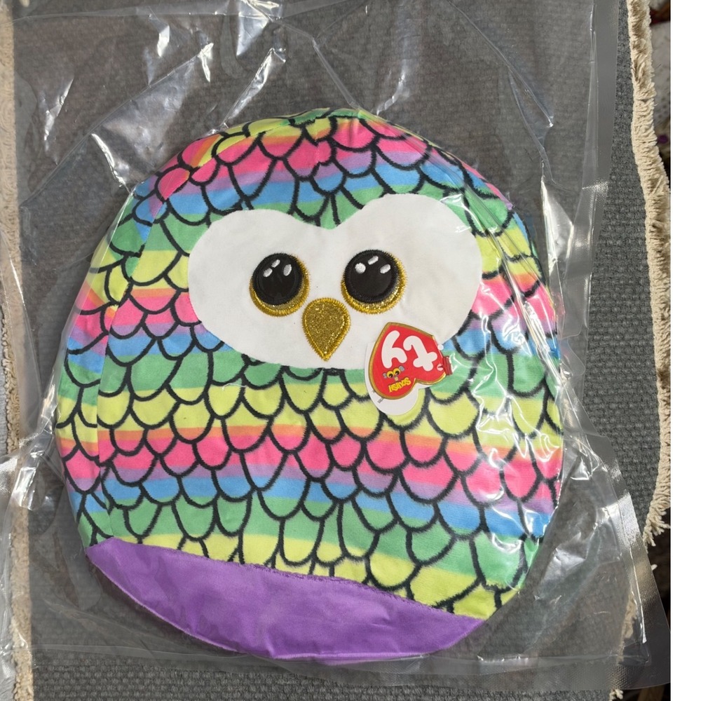 Ty Beanie Boos Owen Rainbow Mermaid Scale Round Plush Pillow Purple Multi